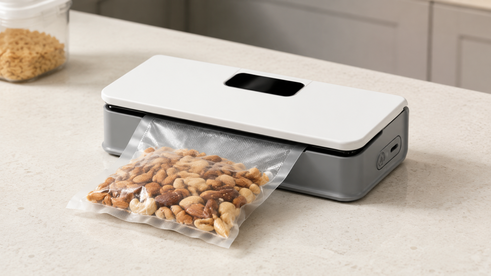 Sealvero bag sealer closing a bag of mixed nuts on a kitchen counter